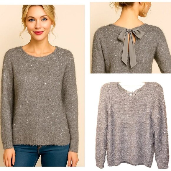 J. Lo Soft Sparkle Winter Fuzzy Eyelash Sweater Satin Bow Victorian Style XL - Picture 1 of 11